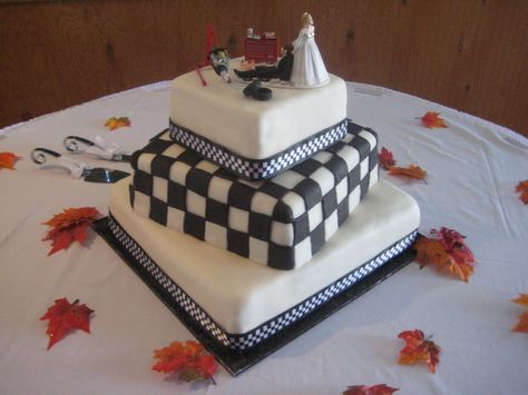 Race car theme wedding cake. - She wanted the checkered flag effect on the middle tier. Chocolate cake/bavarian filling. Car Theme Wedding, Checkered Flag Wedding, Car Themed Wedding, Race Car Themes, Square Wedding Cakes, Wedding Cake Pictures, Car Theme, Chocolate Wedding Cake, Themed Wedding Cakes