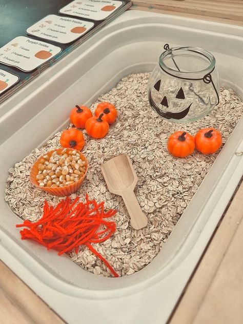 Use recipe cards for sensory fun, designed to spark creativity and sensory exploration at home. Toddler Halloween Sensory Activities, Fall Toddler Sensory Bins, Toddler Halloween Sensory Bins, Pumpkin Sensory Bin Preschool, Halloween Sensory Bin Toddlers, Toddler Activities Halloween, Toddler Pumpkin Activities, Halloween Messy Play, Pumpkin Toddler Activities