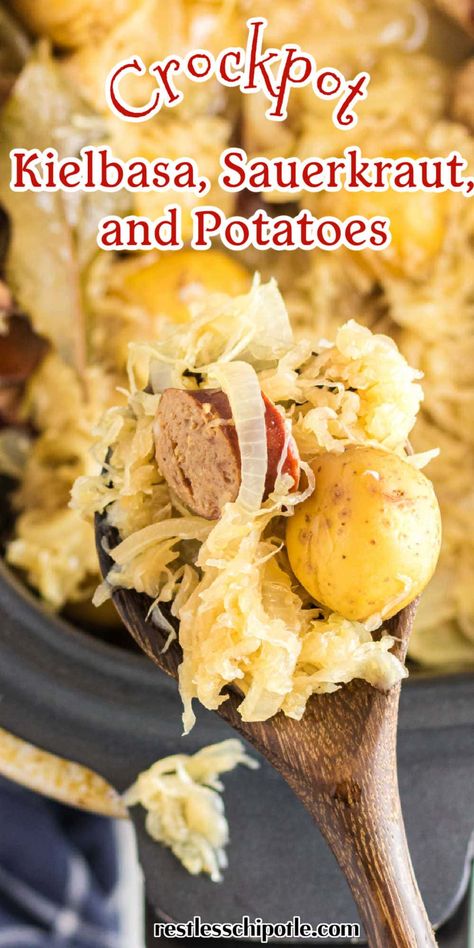 Easy slow cooker recipe with kielbasa, sauerkraut, and potatoes is a yummy, hearty meal that's simple to make and great for busy families Kielbasa And Sauerkraut Sandwich, Sauerkraut And Kielbasa Crockpot, Sauerkraut And Kabasa Recipes Crockpot, Crockpot Sauerkraut And Kielbasa, Smoked Sausage Sauerkraut And Potatoes, Saurkraut And Kielbasa Potatoes, Sausage Sauerkraut Potatoes Crockpot, Fresh Kielbasa And Sauerkraut Crockpot, Slow Cooker Sauerkraut And Kielbasa