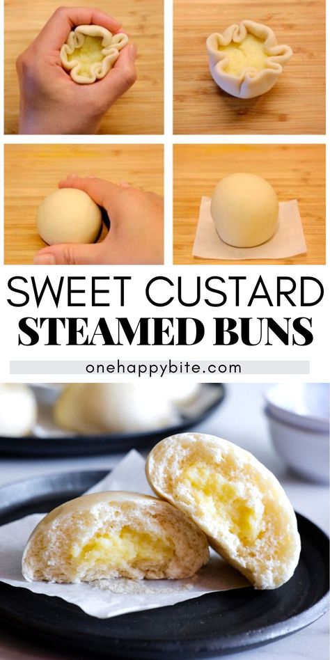 Pork Asian Recipes, Steamed Custard Buns, Steamed Custard, Cantonese Recipes, Asian Baking, Chinese Sweets, Steam Buns Recipe, Custard Buns, Sweet Custard