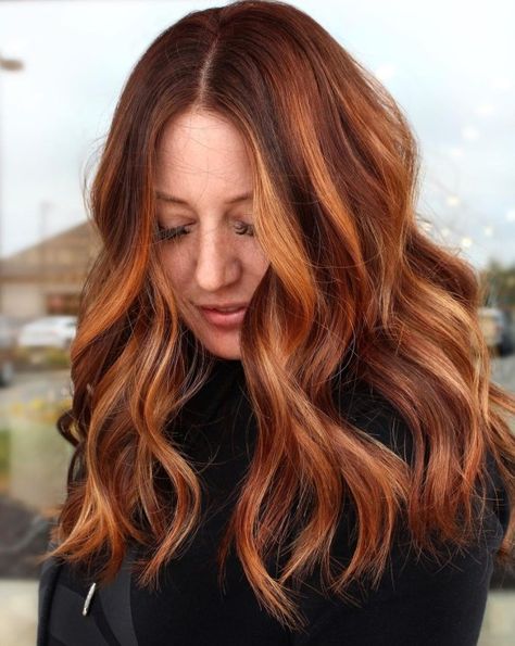 Copper Red Hair with Lowlights Natural Red Lowlights In Brown Hair, Ginger Hair Highlights And Lowlights, Red Hair Highlights And Lowlights, Ginger Hair With Lowlights, Red Hair With Lowlights, Copper Blonde Hair Color, Copper Brown Hair Color, Red Copper Hair Color, Hair Color Mahogany