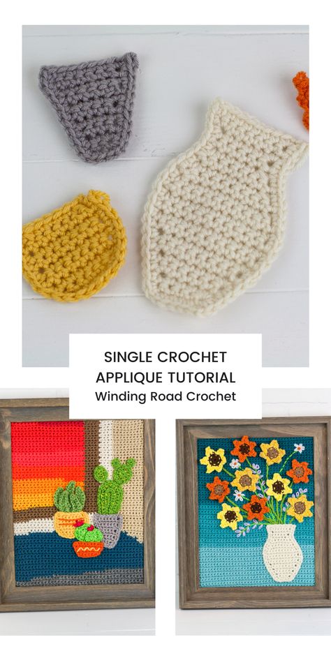 How to crochet appliques using only single crochet. Plus free patterns for create the vase and plant pots for the crochet painting. Painting Crochet, Crochet Applique Patterns, Crochet Painting, Crochet Vase, Winding Road Crochet, Crochet Applique Patterns Free, Crochet Wall Art, Crochet Garden, Runner Pattern