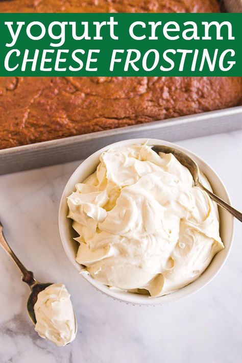 Greek yogurt replaces some of the cream cheese for a slightly lighter cream cheese frosting This frosting recipe is perfectly sweet, tangy, fluffy, and rich. Frost pumpkin cake, red velvet cake, or sugar cookies. #creamcheesefrosting #frostingrecipe #fallbaking #winterbaking #glutenfreerecipe #greekyogurt #creamcheese | robustrecipes.com Cream Cheese Fristing, Frosting Without Powdered Sugar, Healthy Cream Cheese Frosting, Greek Yogurt Frosting, Yogurt Cream Cheese, Healthy Cream Cheese, Cake Red Velvet, Cake Pumpkin, Cream Cheese Appetizer