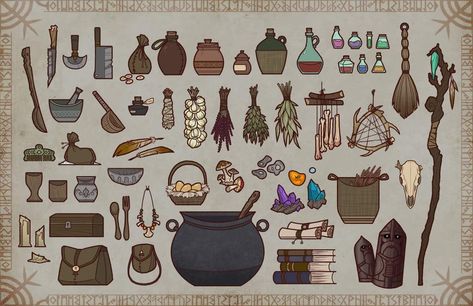 Witch Things Drawing, Witch Items Drawing, Witch Props Art, Fantasy Props Art, Witch Cottage Drawing, Witch Objects, Witch Materials, Props Drawing, Witchcraft Items