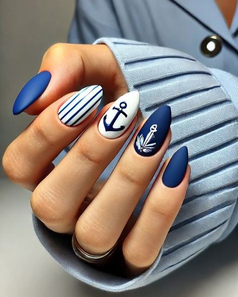 Tamara Margaryan on Instagram: "Nautical Nails ⚓️  Description Sail into style with this elegant nautical nail design! Navy blue and white stripes, paired with anchor motifs, add a sophisticated maritime touch.  #nailartist #naildesigner💅 #ɴᴀɪʟɪɴsᴘᴏ #nailfashion #NailTrends #summernails💅 #manicure #nauticalnails⚓ #AnchorDesign #trendynailsgreece #nailstagram💅  #naildesignby_tamara" Anchor Nail Designs, Nautical Nail Designs, March Nail, Striped Nail Designs, Nail Parlour, Spring Manicure, Trendy Manicure, Nautical Nails, Blue And White Nails