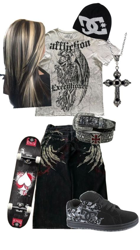 idk Affliction Style Girl, Affliction Outfits Girl, Cybersigilism Clothes, Affliction Girl, Emo Baddie Outfits, Affliction Fits, Easy Y2k Outfits, Affliction Outfits, School Outfits Y2k