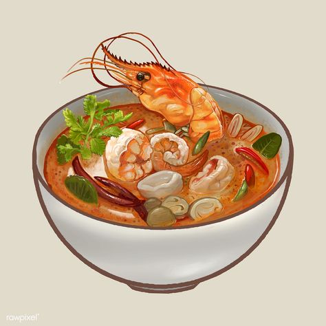 Tom Yum Kung soup illustration | premium image by rawpixel.com Soup Illustration, Sweet And Sour Shrimp, Soup Sticker, Tom Yum Kung, Tom Yum Goong, Boat Noodle, Tom Yum Soup, Recipe Drawing, Tom Yum