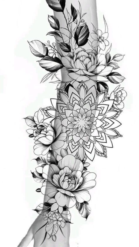 Forearm Tattoo Women Sleeve Mandala, Peony Tattoo Leg, Mandala Tattoo Sleeve Women, Mandala Arm Tattoos, Arm Cover Up Tattoos, Mandala Tattoos For Women, 5 Tattoo, Unique Half Sleeve Tattoos, Mangas Tattoo