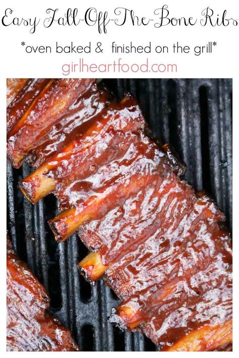 This recipe for easy fall-off-the-bone ribs is delicious! Pork ribs are coated with a simple spice mixture, baked, brushed with bbq sauce & then grilled. The only rib recipe you'll need! #ribs #pork #grilling #bbq #barbecue #falloffboneribs #ovenbakedribs #grilledribs #spiceblendforribs #dryrubforribs Easy Rib Recipes, Ribs On The Grill, Fall Off The Bone Ribs, Ribs In Oven, Oven Baked Ribs, Bbq Pork Ribs, Rib Recipe, Baked Ribs, Pork Rib Recipes