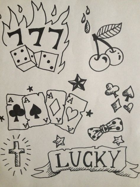 Lucky 7's. Rockabilly tattoo idea for henna gigs. Lucky Cards Tattoo, 777 Tattoo Lucky, Lucky Tattoo Ideas, Party Tattoo Ideas, Lucky Seven Tattoo, 777 Casino Tattoo, Luck Tattoo Ideas, Lucky Tattoo Symbols, 777 Tattoo Design