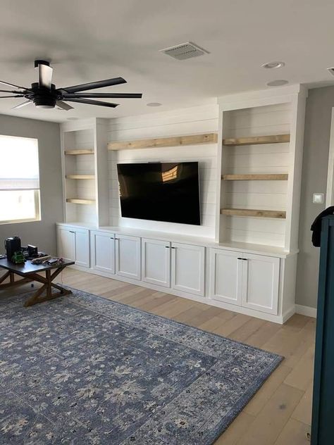 Tv Stand Built In Wall, Media Wall Built In Ideas, Ikea Media Wall With Fireplace, Entertainment Center Living Room, Built In Shelves Living Room Open Concept, Entertainment Center No Fireplace, Tv Built In Wall Unit Without Fireplace, Floating Shelf Built Ins, Living Room Built Ins Without Fireplace