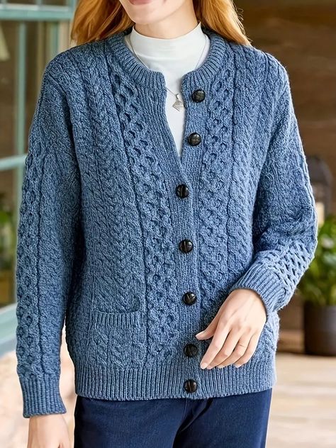 Solid Button Knit Cardigan Casual Crew Neck Long Sleeve - Temu Cable Knit Cardigan Pattern, Irish Sweater, Knit Cardigan Pattern, Chic Cardigan, Womens Knit Sweater, Sweater Knitting Pattern, Handmade Sweater, Crewneck Style, Henley Sweater