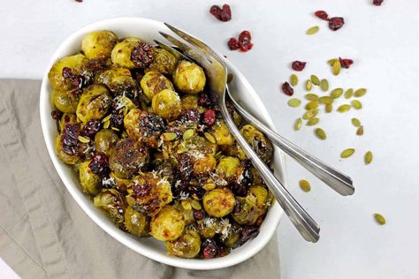 Smashed Brussels Sprouts with Balsamic Drizzle, Pepitas, and Cranberries Smashed Brussels Sprouts, Balsamic Drizzle, Roasted Sprouts, Cranberry Cheese, Balsamic Glaze, Heart Healthy Recipes, Brussels Sprouts, Dried Cranberries, Roasted Vegetables