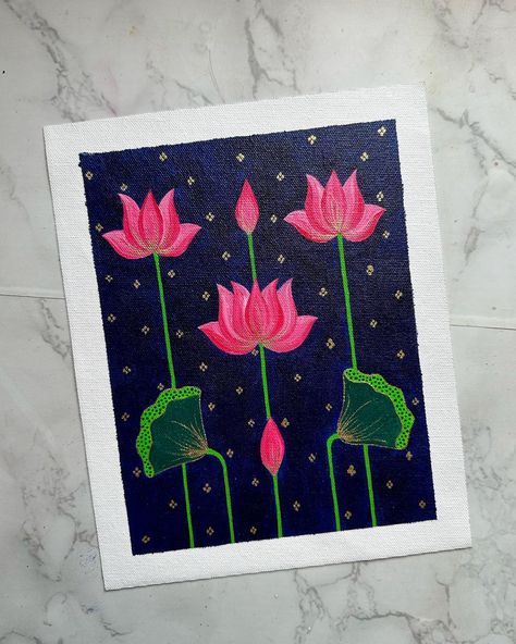 Indian Flower Painting, Indian Lotus Painting, Pichwai Lotus Painting, Pichwai Paintings Lotus, Pichwai Designs, Pichwai Art Paintings, Lotus Acrylic Painting, Punjabi Embroidery, Pichwai Lotus