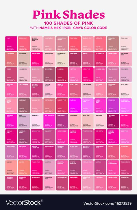 Fandango Color, Pink Color Chart, Pink Swatches, Shade Background, Name Illustration, Color Names Chart, Swatches Color, Color Knowledge, Pink Color Palette