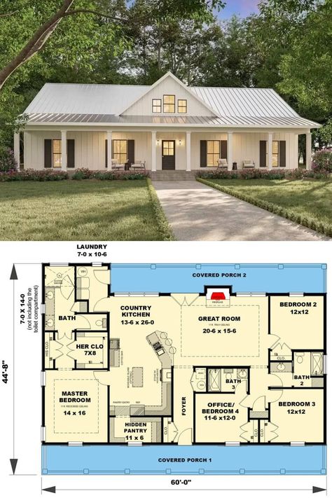 Country-Style 4-Bedroom Ranch with Covered Front and Back Porches (Floor Plan) Traditional Home Plans One Story, 2 000 Sq Ft House Plans Open Floor Ranch, Ranch Style House Plans 4 Bedroom, 1700 Sq Ft House Plans, Acadian House Plans, Ranch Farmhouse, Back Porches, Ranch House Plan, Porch Flooring