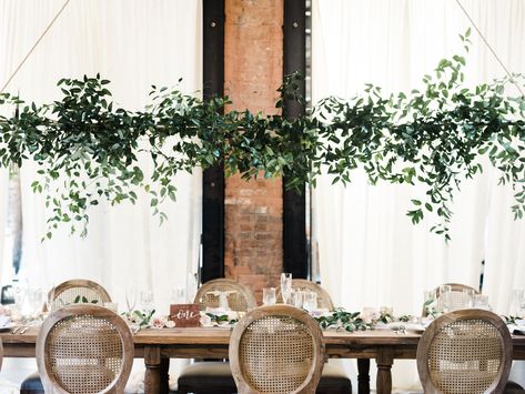 To hang Italian Ruscus inside arbor to bring the height down. Add hanging opague fabric at front corners. Wedding Reception Backdrop Elegant, Greenery Wedding Decor, Industrial Wedding Venues, Reception Backdrop, Wedding Reception Backdrop, Flower Installation, Hanging Garland, Ideas For Wedding, Hanging Flowers