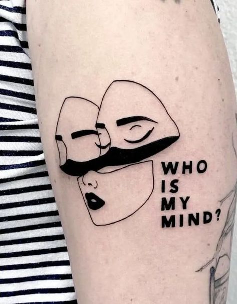 Head Split In Half Drawing, Masking Emotions Tattoo, Hooded Figure Tattoo, Chaotic Mind Tattoo, Good Bad Tattoo, Dissociated Tattoo, Intrusive Thought Tattoo, Tattoo Ideas For Borderline Personality, Tatoos About Mental Health