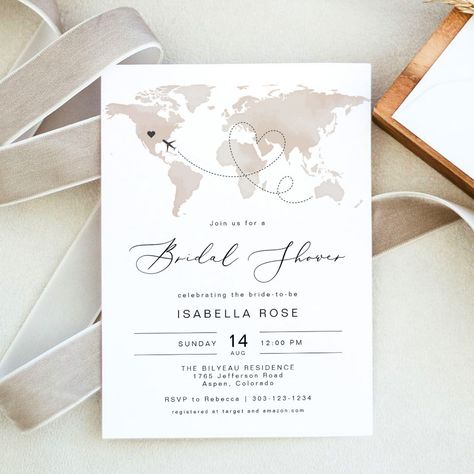 Destination Bridal Shower Ideas, Travel Themed Bridal Shower Ideas, Travel Bridal Shower Theme, Travel Invitation, Travel Theme Bridal Shower, Travel Bridal Showers, Beige Watercolor, Map Heart, Pre Wedding Videos