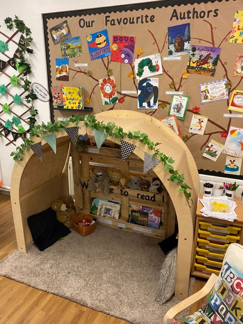 Story Display Boards Nursery, Story Corner Display Ideas Nursery, Book Corner Ideas For Preschool, Early Years Reading Corner, Home Corner Kindergarten, Eyfs Story Corner, Curiosity Approach Story Corner, Early Years Display Ideas, Eyfs Book Corner Ideas