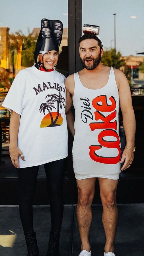 We're big Malibu & Diet people so this rum and coke costume couple halloween was a must!!  Definitely one of our favorite funny couples Halloween costume ideas!  Steal this creative couples costume ideas for Halloween 2024!! Malibu Costume, Coke Costume, Funny Couples Halloween Costume, Costume Couple Halloween, Couples Costume Ideas, Matching Mommy Daughter, Rum And Coke, Costume Ideas For Halloween, Couples Costumes Creative