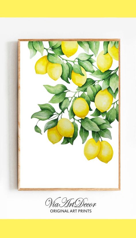 Lemons Print Watercolor fruit Wall art Printable yellow green tree Lemon artwork Kitchen decor Botanical citrus Dining room Digital download Lemon Artwork, Kitchen Wall Decor Farmhouse, Botanical Interior, Fruit Art Drawings, Lemon Watercolor, Poster Art Prints, Lemon Art, Kitchen Artwork, Fruit Wall Art