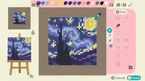 Animal Crossing Starry Night, Acnh Nintendo Design, Acnh Pattern Design Codes, Pixel Pattern 32x32, Animal Crossing Villager Pixel Art, Animal Crossing Canvas Designs, Acnh Starry Night Design, Starry Night Pixel Art 32x32, Pixel Art Anch