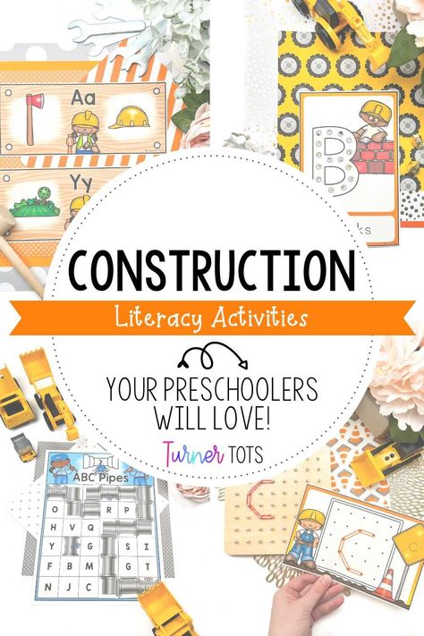 Build literacy skills with these engaging construction preschool activities! Each construction-themed center focuses on reinforcing basic literacy skills such as alphabet identification, initial sound identification, and counting syllables. Don’t miss out on these hands-on construction site activities for preschoolers this year! Click to see each of Turner Tots’ literacy centers designed for your preschool construction theme today. Construction Preschool Activities, Preschool Construction Theme, Construction Dramatic Play, Construction Preschool, Turner Tots, Construction Theme Preschool, Counting Syllables, Preschool Construction, Literacy Activities Preschool