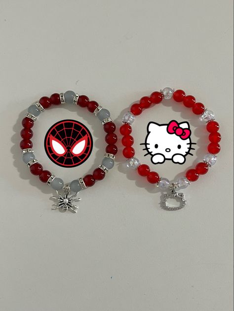 Spider Man Bracelet Ideas, Spider Man And Hello Kitty Matching Bracelets, Spiderman And Hello Kitty Matching Bracelets, Spiderman Kandi Bracelet, Spider Man Jewelry Diy, Matching Hello Kitty Bracelets, Spider Man Beaded Bracelet, Matching Character Bracelets, Matching Spiderman Bracelets