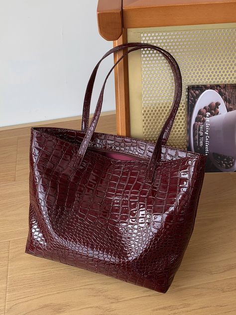 Maroon    PU Leather  Shoulder Tote Bag    Women Bags Maroon Bag, Hair Tomboy, Outfit 2023, Halloween Pumpkins Painted, Alligator Skin, Leather Totes, Crocodile Bags, Pretty Bags, Ankara Styles