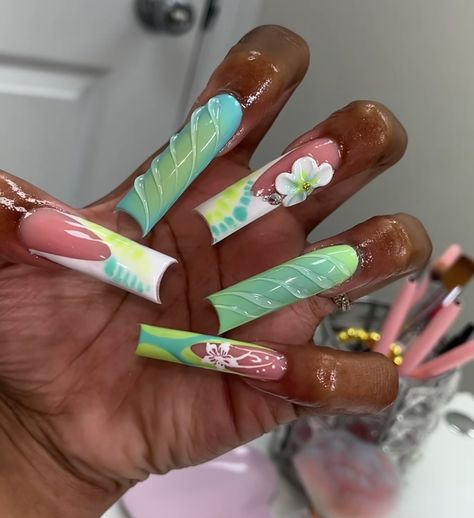 Nail Long, Fake Nails Long, Tropical Nails, Hard Nails, Long Acrylic Nails Coffin, Vacation Nails, Long Square Acrylic Nails, Unique Acrylic Nails, Bling Acrylic Nails