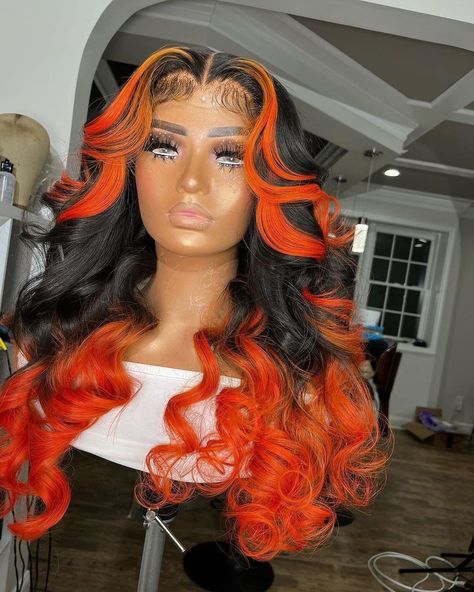 Skunk Stripe, Orange Highlights, Black Ombre, Colored Wigs, Raw Hair, Front Lace Wigs Human Hair, Ombre Color, Full Lace Wig, Black Girls Hairstyles