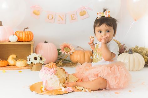 Fall Pumpkin Cake Smash Pumpkin Patch 1st Birthday Photoshoot, Fall Cake Smash Girl, Fall Baby Birthday Party Ideas, Pie Smash Cake, Pumpkin Smash Cake 1st Birthdays, Rainbow Baby Birthday Party, Fall Pumpkin Cake, Pumpkin Smash Cake, Pumpkin Cake Smash