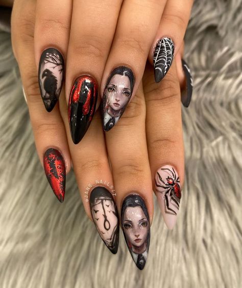 Enid Sinclair Nails, Morticia Addams Nails, Wednesday Addams Nail Art, Theme Nails, Cartoon Nails, Nails Dark, Halloween Acrylic, Nail Board, Halloween Acrylic Nails