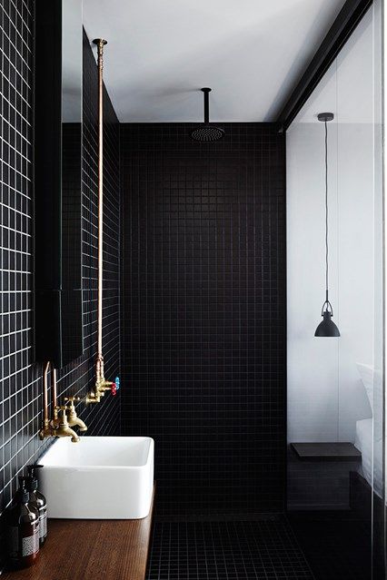 Black tiled bathroom with brass pipes - stylish shower and wet room ideas - from… Design Interior Baie, Black Tile Bathrooms, Wilderness Retreat, Black And White Bathroom, Black Tile, Bathroom Design Decor, Black Tiles, House Bathroom, Wet Rooms