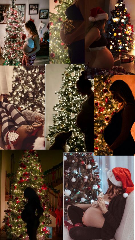 Christmas Pregnancy Silhouette, Maternity Photoshoot Ideas Christmas, Bump Pictures In Front Of Christmas Tree, Pregnant Belly Christmas Tree, Christmas Belly Pictures, Christmas Maternity Pictures Ideas, Maternity Boudiour Photoshoot Christmas, Pregnant Christmas Tree Photo, Christmas Card Pregnant