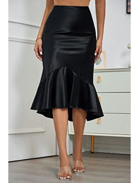 Buy ALCEA ROSEA Women High Waist Satin Skirt Fishtail Silky Skirts Bodycon Stretchy Mermaid Pencil Midi Skirt online | Topofstyle Fishtail Skirt Outfit, Trumpet Skirt Outfit, Silk Skirt Outfit, Alcea Rosea, Black Satin Skirt, Satin Skirt Outfit, Satin Pencil Skirt, Classy Skirts, Pencil Midi Skirt