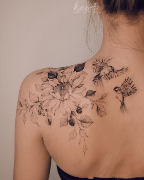 Tattoo Phrases, Small Feminine Tattoos, Feminine Shoulder Tattoos, Shoulder Cap Tattoo, Floral Back Tattoos, Tattoos Female, Floral Tattoo Shoulder, Disney Sleeve, Back Shoulder Tattoos