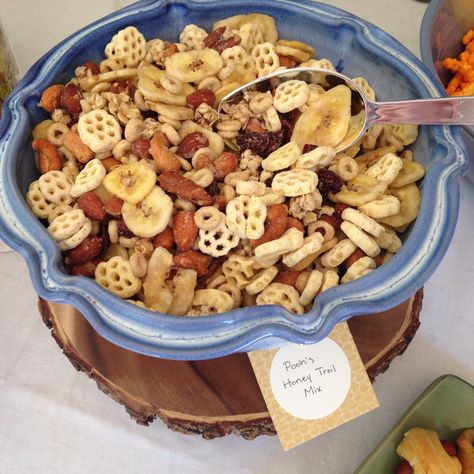 Honey Trail Mix for Winnie the Pooh baby shower - honeycomb cereal, Honey Nut Cheerios, Honey roasted nuts, banana chips, Craisins, and pumpkin flax granola. Classic Pooh Baby Shower Ideas, Pooh Bear Baby Shower Ideas, Honeycomb Cereal, Flax Granola, Baby Shower Snacks, Honey Nut Cheerios, Pooh Party, Winnie The Pooh Themes, Winnie The Pooh Baby Shower