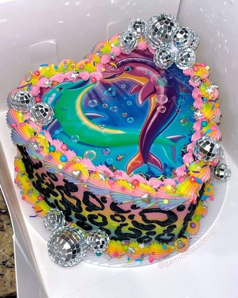 Lisa Frank Cake, Lisa Frank Birthday, Hawaiian Birthday Cakes, Lisa Frank Birthday Party, Dolphin Cakes, Buttercream Designs, Cookie Cake Decorations, Birthday Sweets, Pearl Cake