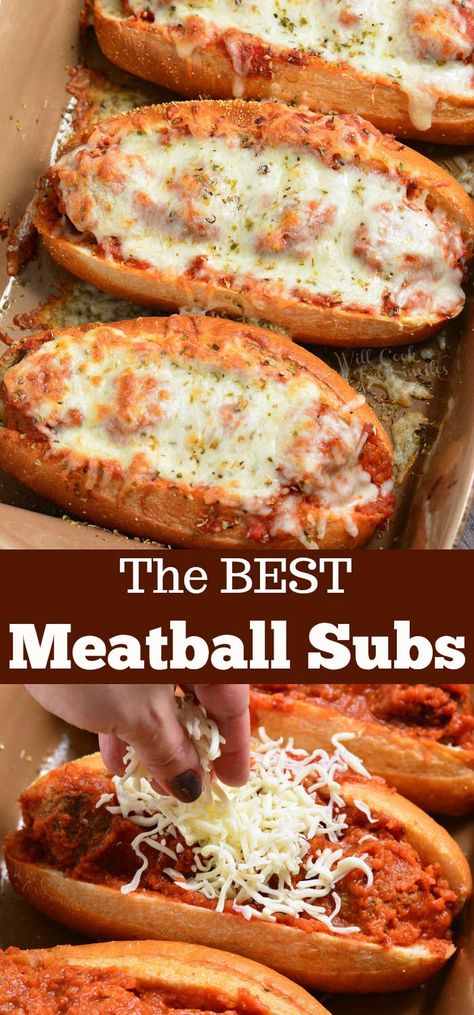 meatball sub collage top picture is meatball subs cooked in casserole dish bottom picture is cheese being put over meatball sub Meatballs Subs, Meatballs Marinara, The Best Meatballs, Meatball Sub, Best Meatballs, Meatball Subs, Meatballs Easy, Italian Meatballs, Delicious Sandwiches