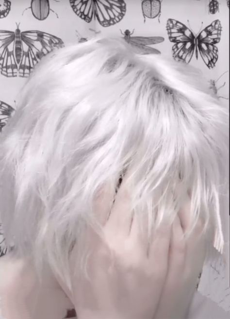 White Hair Aesthetic Male Faceless, White Fluffy Hair Boy, White Haired Boy Aesthetic, White Short Hair Aesthetic, Short Fluffy White Hair, White Haired Vampire Male, Short White Hair Men, Alt White Hair, White Hair Men Aesthetic