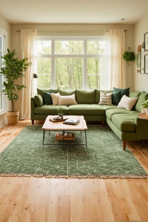 Warm Green Living Room, Green And Rust Living Room, Forest Green Living Room, Green Couches, Living Room Design Green, Green Couch Living Room, Sala Vintage, Green Sofa Living Room, Hall Colour