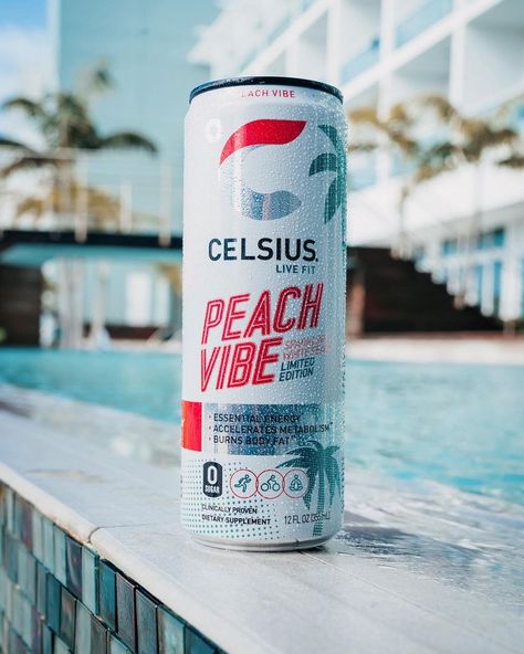 Manifesting warmer weather with a poolside Peach Vibe Celsius Energy Drink, Healthy Energy Drinks, Live Fit, Energy Drink, Green Tea Extract, Starbucks Drinks, Coors Light Beer Can, Boost Your Metabolism, Vitamin B