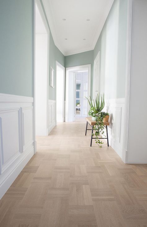 French Country Tile, Hallway Pictures, Upstairs Hallway Ideas, Hallway Colours, Green Hallway, Herringbone Wood Floor, Hallway Flooring, Hallway Designs, Floor Layout