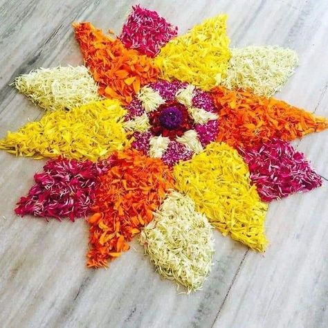 Flower Rangoli Designs 🔥👌 #diwalirangoli #Diwali2024 Flower And Colour Mix Rangoli, Pookolam Design, Pookkalam Designs, Onam 2023, Onam Pookalam Design, Rangoli Flower, Flower Rangoli Designs, Poo Kolam, Corpus Cristi