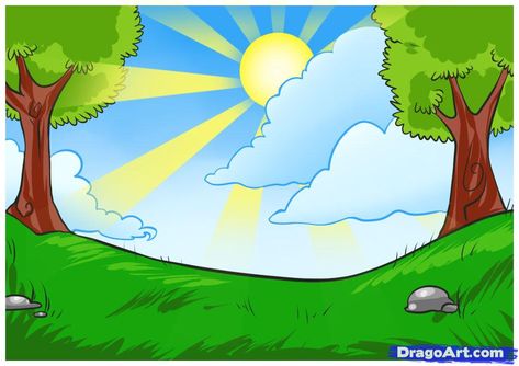 how to draw day Sky Drawing Easy, Scenery Drawing For Competition, Scenery For Kids Drawing, Forest Scenery Drawing For Kids, Easy Scenery Drawing For Kids, Drawing Easy For Kids, Natural Scenery Drawing For Kids, Sky Drawing, Easy Scenery