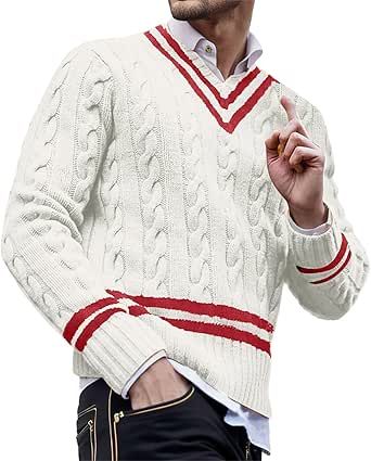 Cable Knit Sweater Men V Neck Striped Pullover Fashion Long Sleeve Casual Jumper Tops Loose Comfort Soft Color Block Sweaters Sweater Fits Men, New Years Eve Outfits Men, Mens Fall Sweaters, Mens Red Sweater, Long White Sweater, Sweater Dress Petite, Knit Sweater Men, Mens Cable Knit Sweater, Sweaters Striped