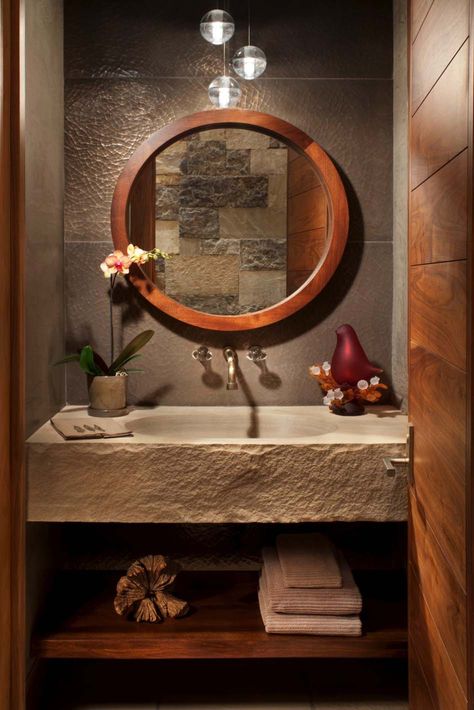 Captivating modern-rustic home in the Colorado mountains Rustic Powder Room, Colorado Mountain Homes, Powder Room Design Ideas, Modern Rustic Homes, Modern Mountain Home, Powder Room Design, Rustic Bathrooms, Mountain Modern, Interior Modern