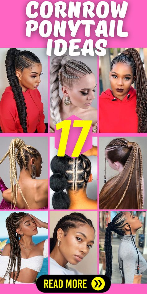 Elevate your hairstyle game with a chic and trendy cornrow ponytail! This stunning hairstyle, beloved by black women, combines the artistry of cornrows with the elegance of a ponytail. Whether you opt for feed-in braids, Ghana braids, or small cornrows, the cornrow ponytail offers a versatile and stylish look. Add some personality with beads or embrace your natural curls for added texture. Cornrow To Ponytail, Goddess Braid Ponytail Black Women, Braided Pointy Tail Black Women, Cornrows With Ponytail Extensions, Braids Going Into A Ponytail Black, Ponytail Hairstyles With Curls, Goddess Cornrow Braids With Curls, Ponytail Cornrows Black Women, Cornrows With Ponytail